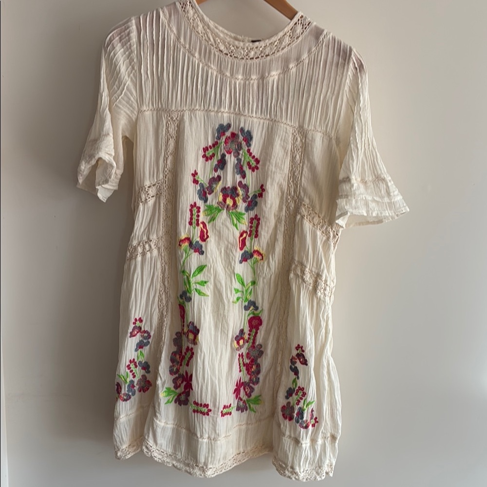 Free People Cream Mini Dress with Floral Embroidery